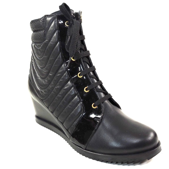 DAVIS CESARETTI 🇮🇹 WOMEN'S BLACK SOFT LEATHER COMFORT WINTER WEDGE BOOTIE - Picture 3 of 8